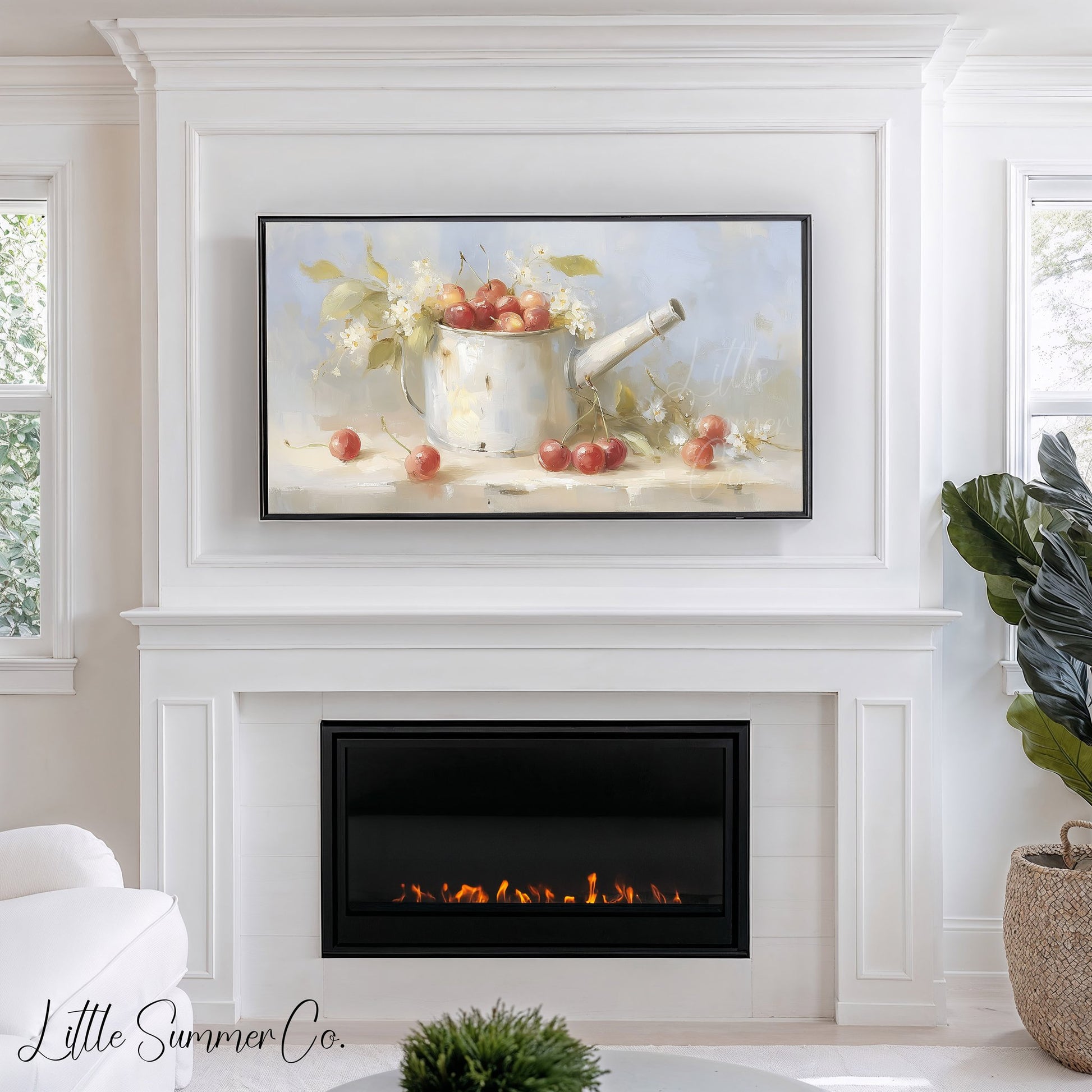Cherries in Watering Can Frame TV Art displayed on a TV