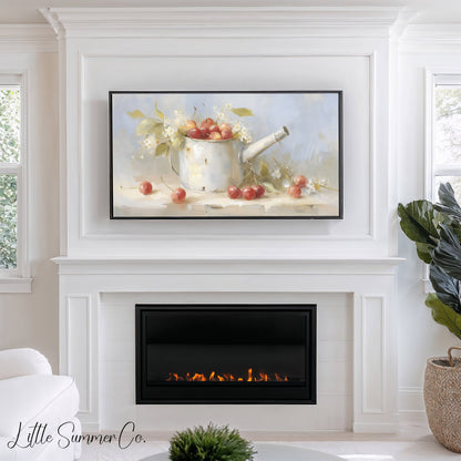 Cherries in Watering Can Frame TV Art displayed on a TV