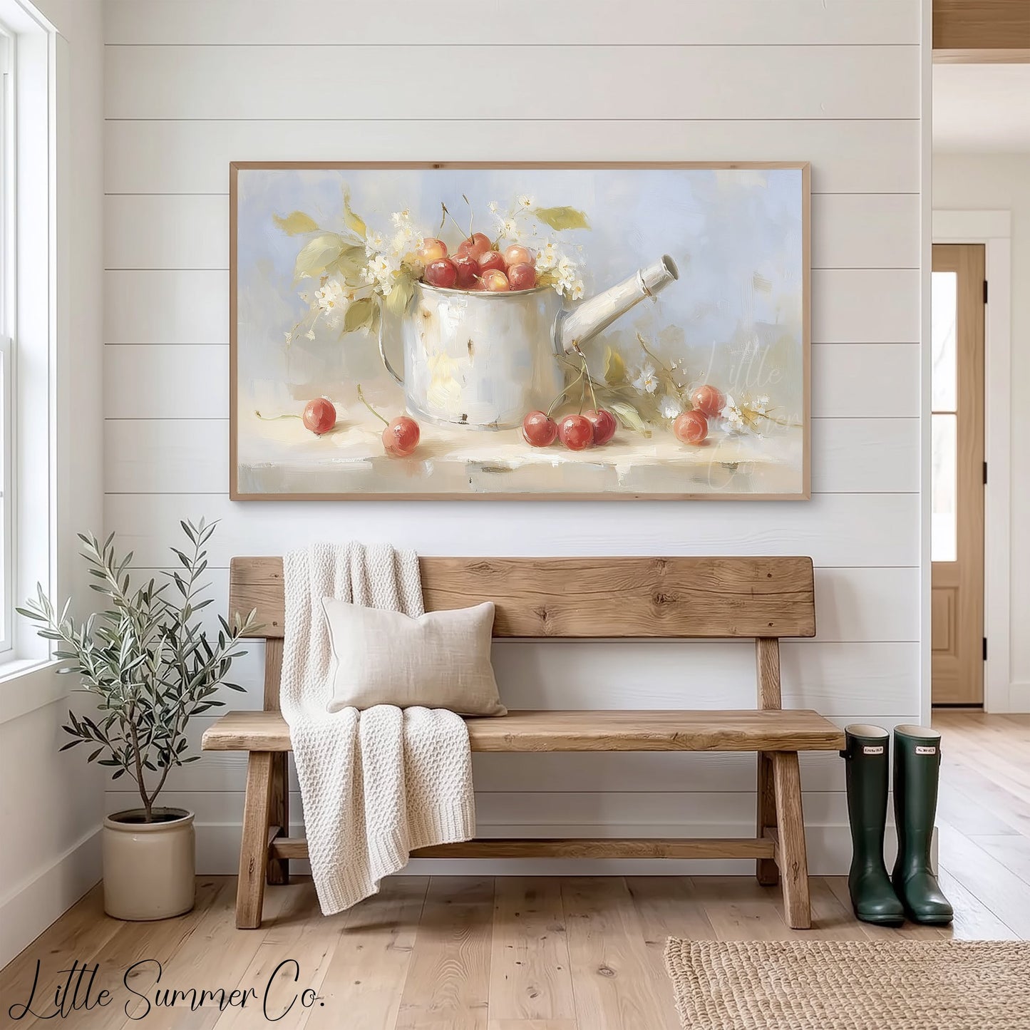 Cherries in Watering Can Frame TV Art displayed on a TV
