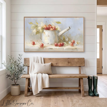 Cherries in Watering Can Frame TV Art displayed on a TV
