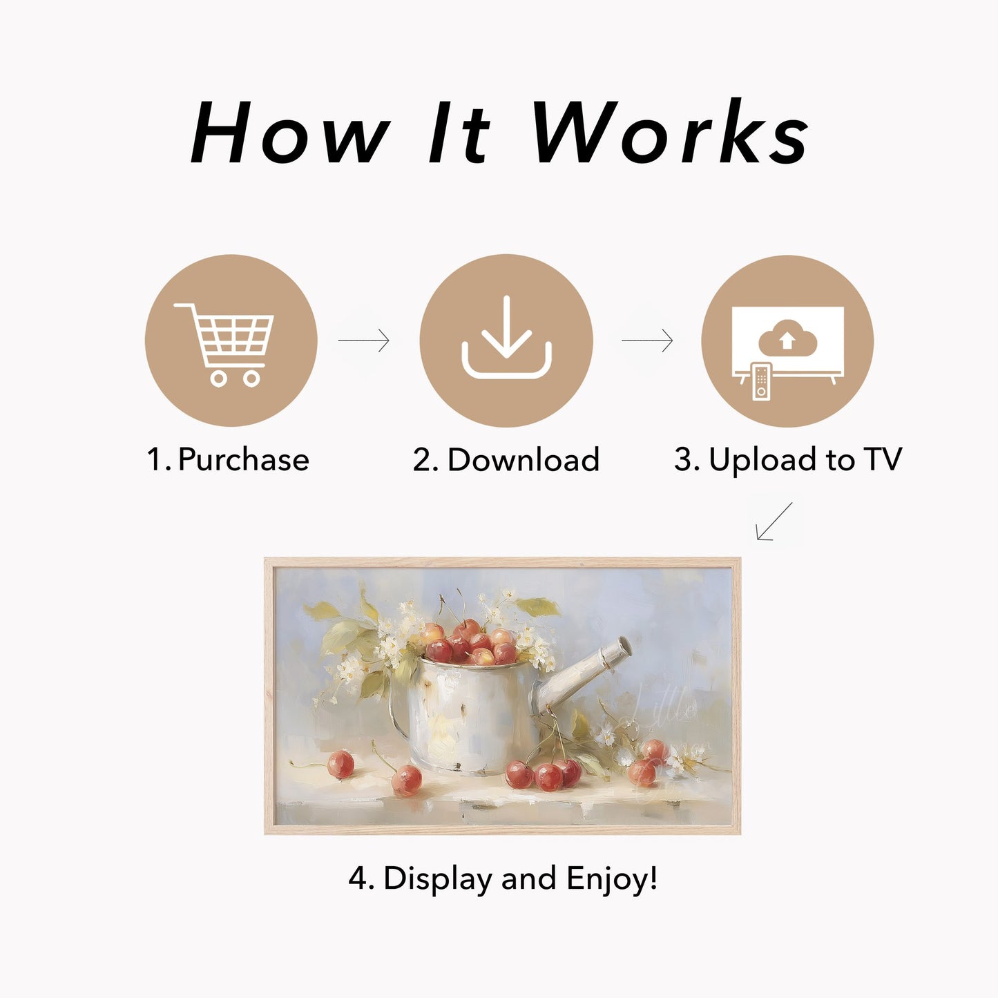 Cherries in Watering Can Frame TV Art displayed on a TV