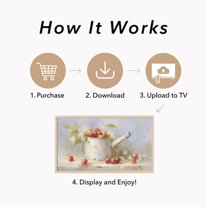 Cherries in Watering Can Frame TV Art displayed on a TV