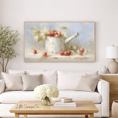 Cherries in Watering Can Frame TV Art displayed on a TV
