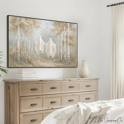 Ghosts In Birch Forest Frame TV Art displayed on a TV