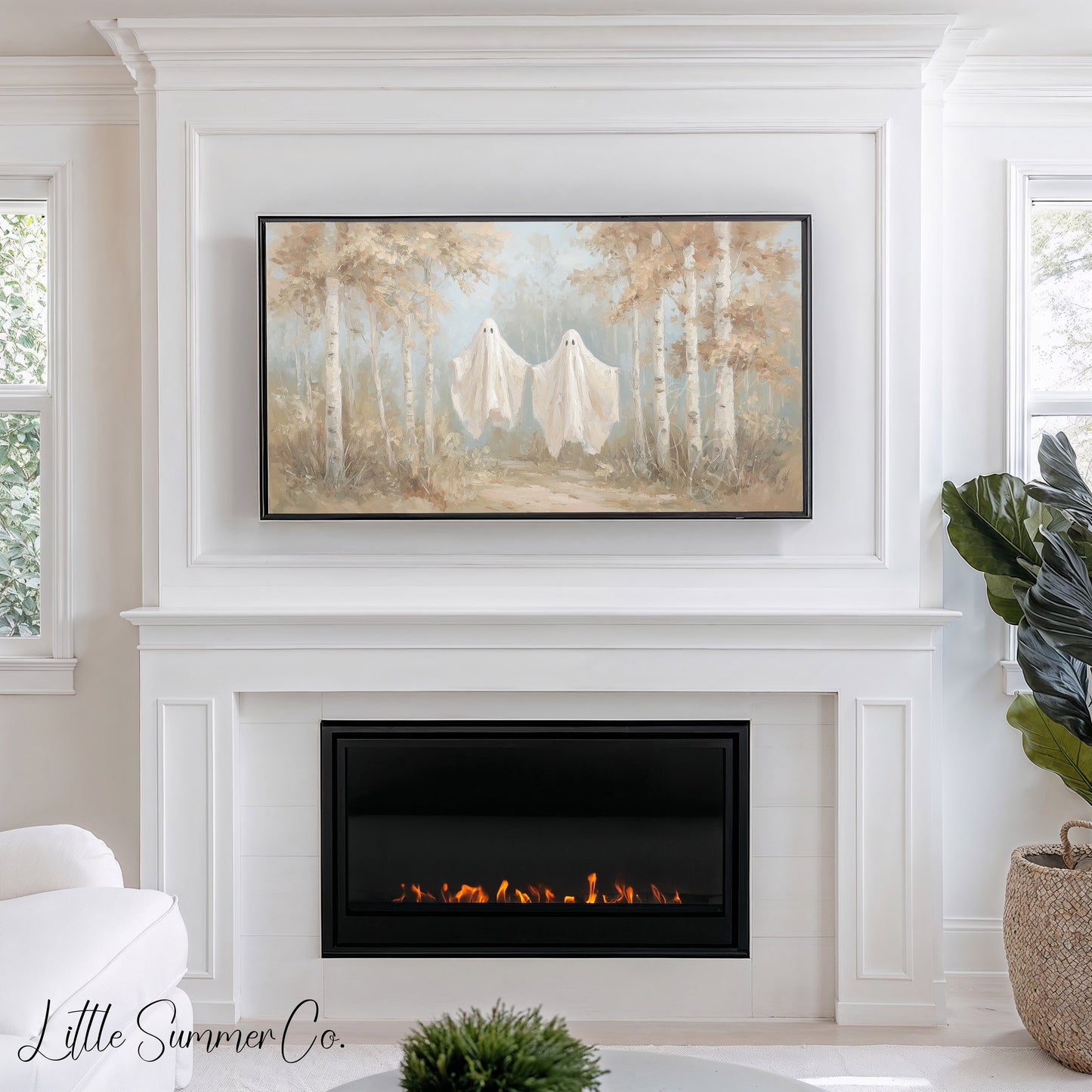 Ghosts In Birch Forest Frame TV Art displayed on a TV