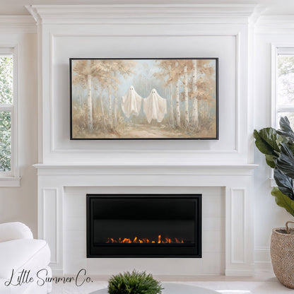 Ghosts In Birch Forest Frame TV Art displayed on a TV