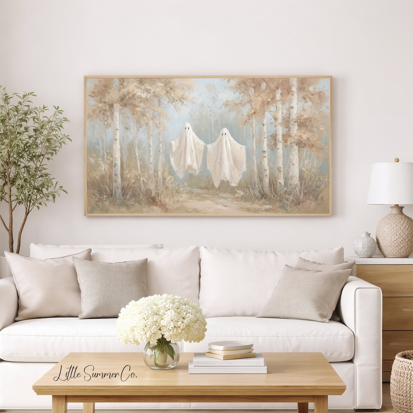 Ghosts In Birch Forest Frame TV Art displayed on a TV