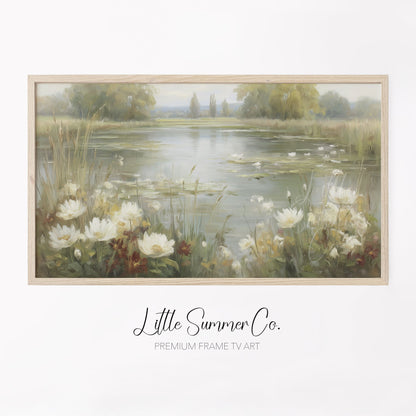 Wild Flower Meadow Pond Reflection Frame TV Art displayed on a TV
