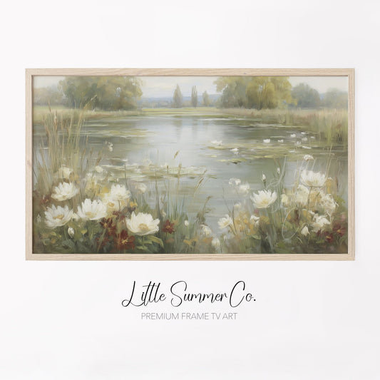 Wild Flower Meadow Pond Reflection Frame TV Art displayed on a TV