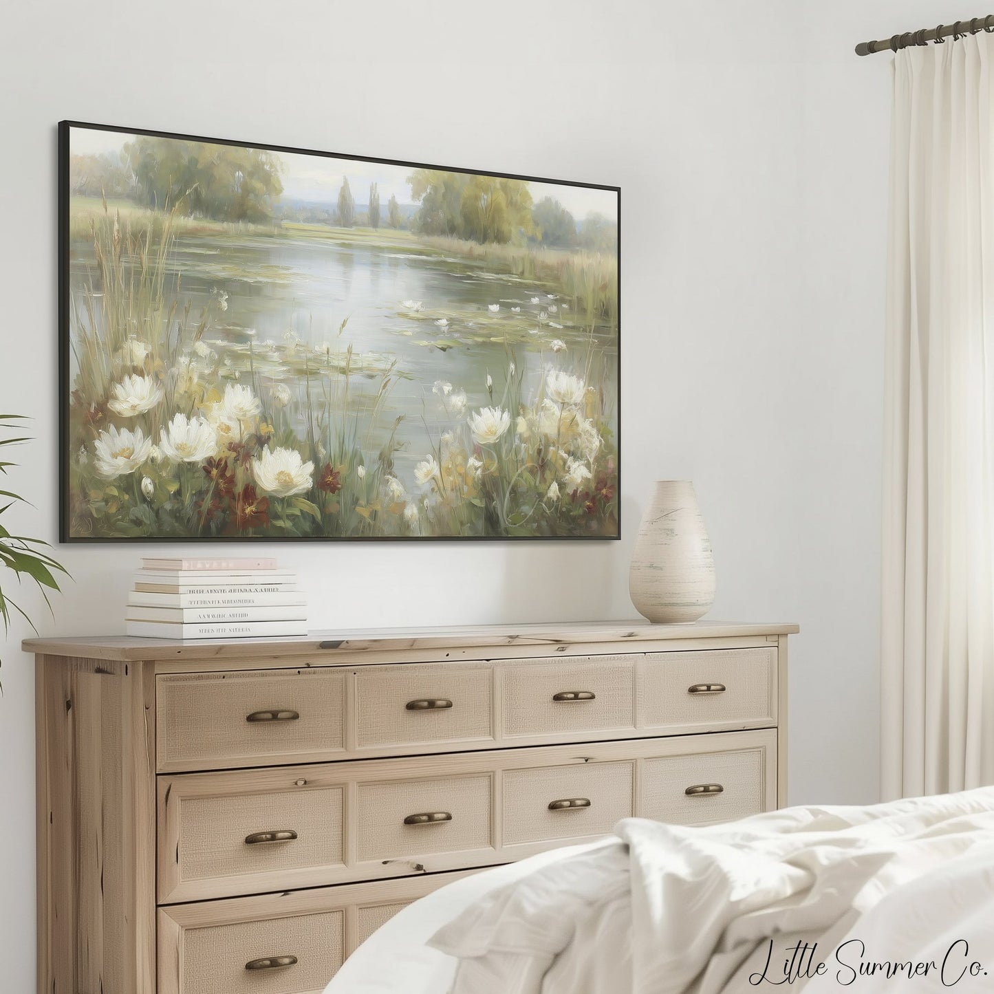 Wild Flower Meadow Pond Reflection Frame TV Art displayed on a TV