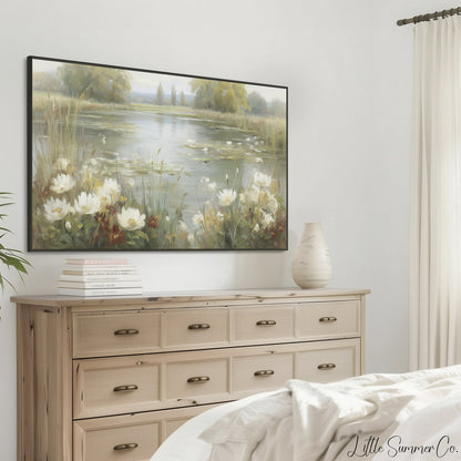 Wild Flower Meadow Pond Reflection Frame TV Art displayed on a TV