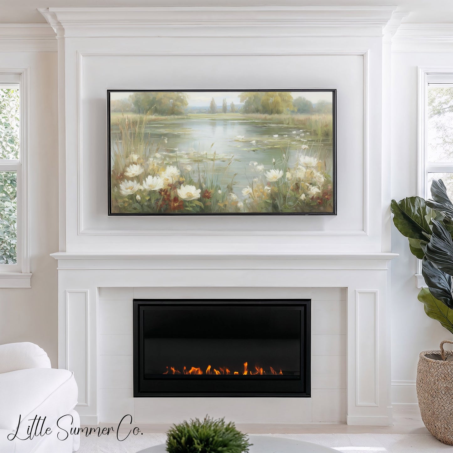 Wild Flower Meadow Pond Reflection Frame TV Art displayed on a TV