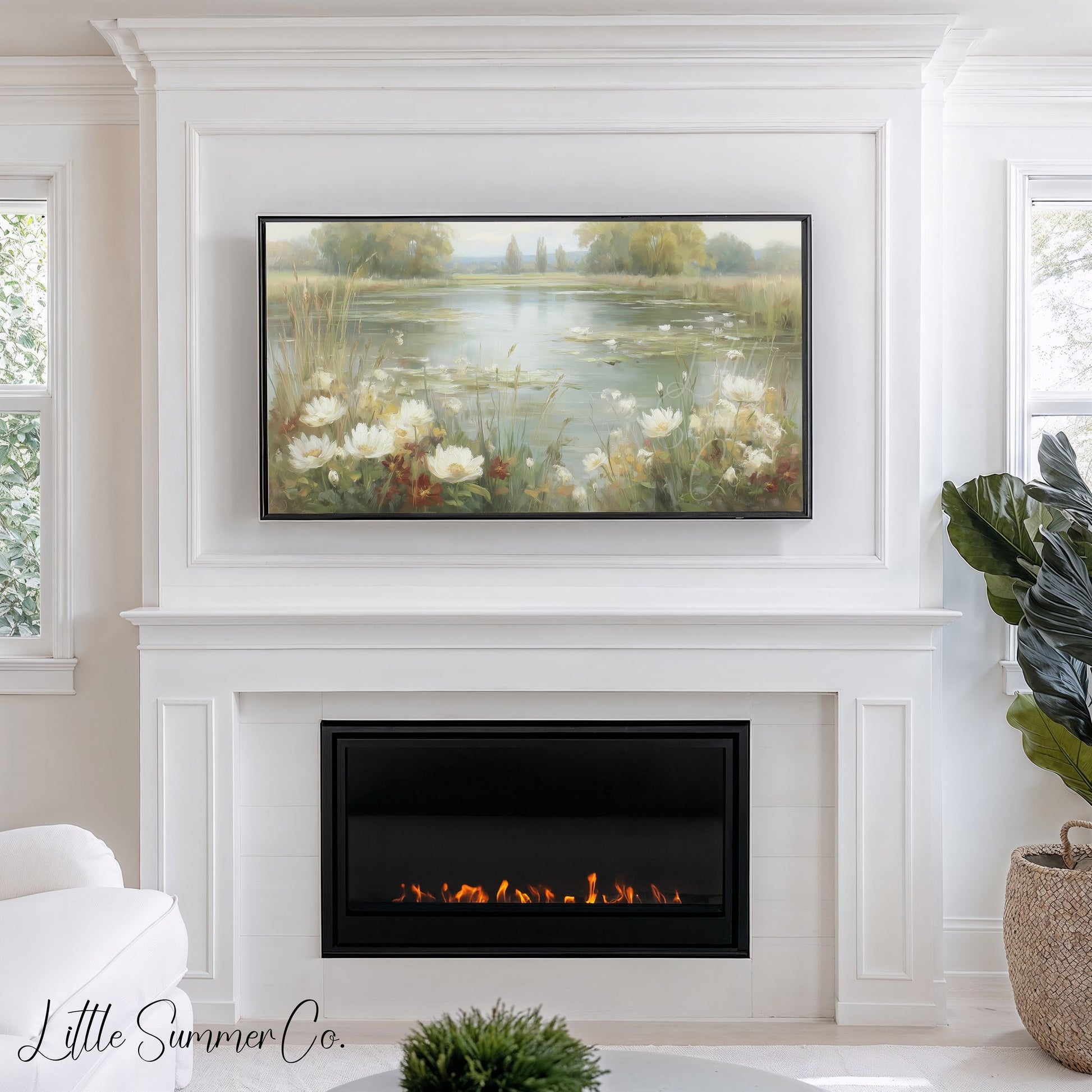 Wild Flower Meadow Pond Reflection Frame TV Art displayed on a TV