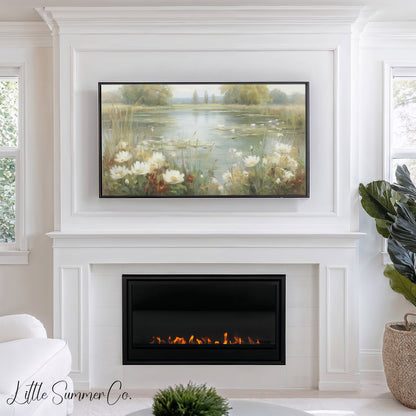 Wild Flower Meadow Pond Reflection Frame TV Art displayed on a TV