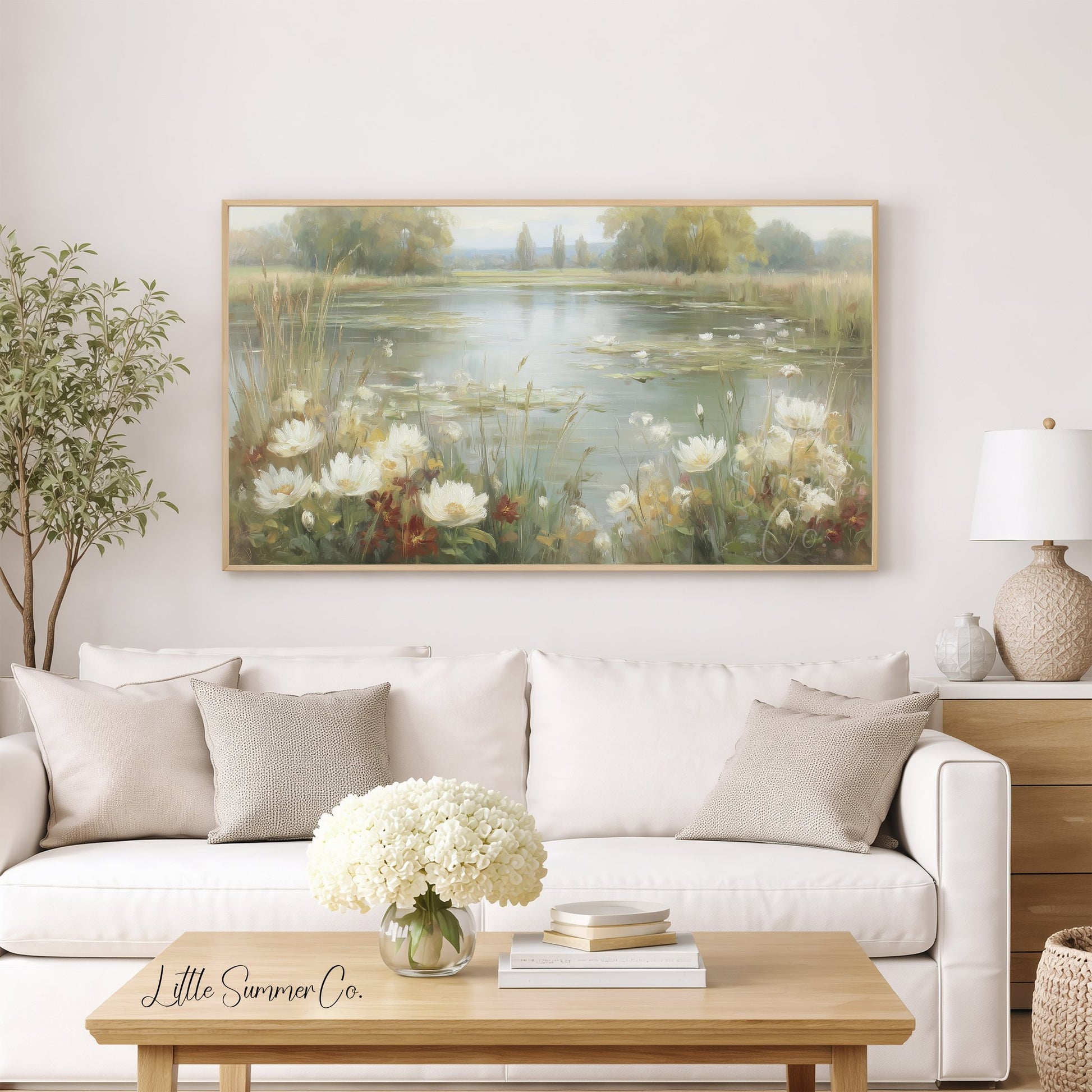 Wild Flower Meadow Pond Reflection Frame TV Art displayed on a TV