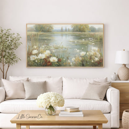 Wild Flower Meadow Pond Reflection Frame TV Art displayed on a TV