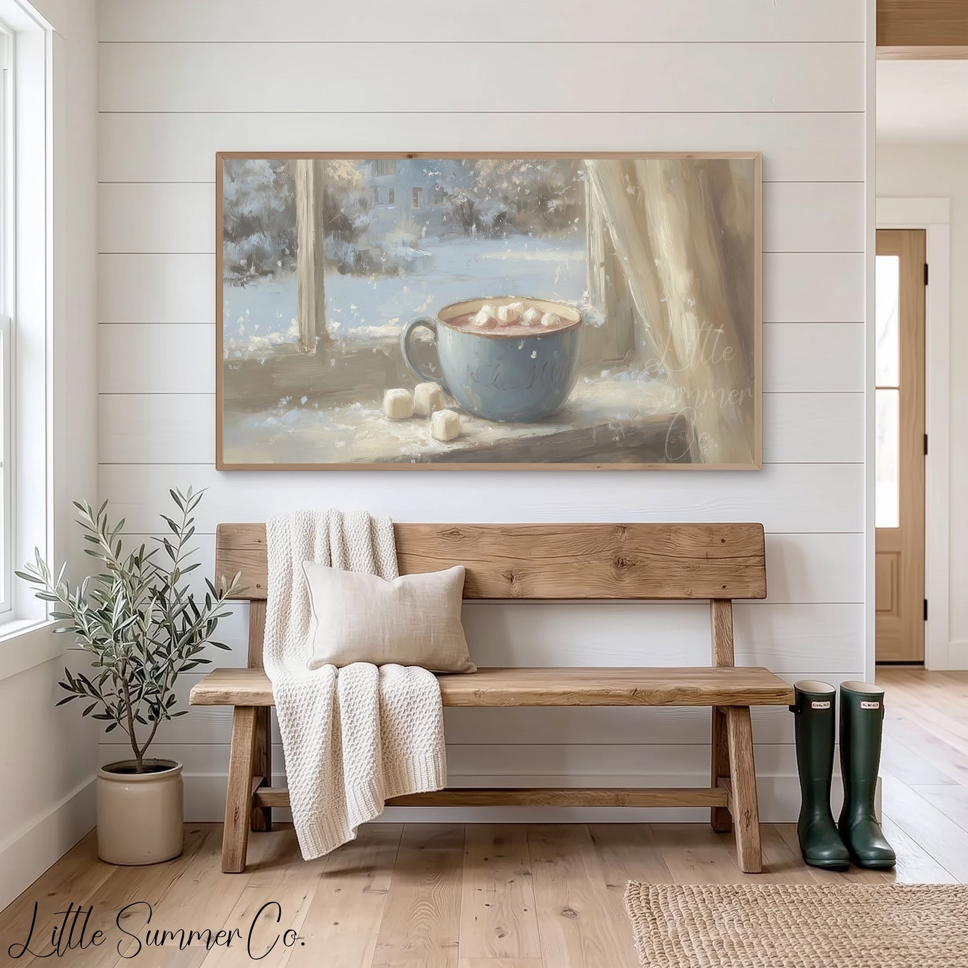 Hot Cocoa Window Frame TV Art displayed on a TV