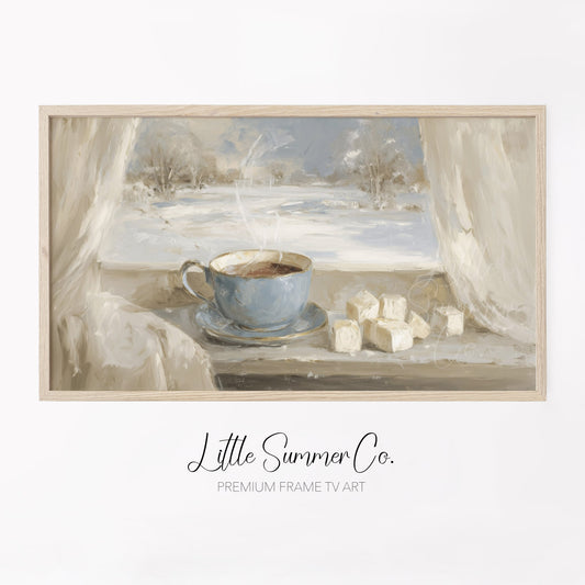 Blue Teacup Snowy Window Frame TV Art displayed on a TV