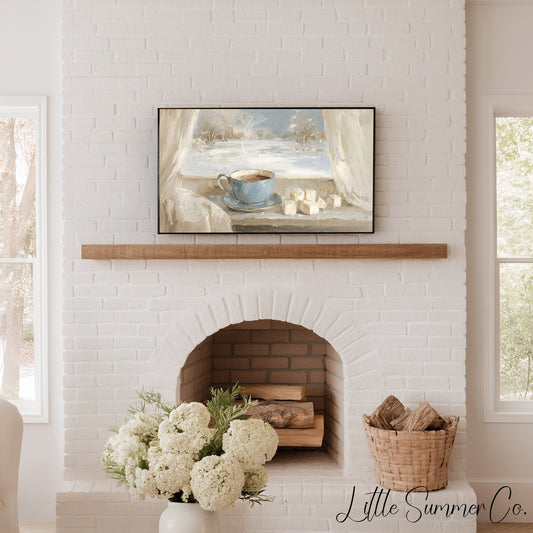Blue Teacup Snowy Window Frame TV Art displayed on a TV