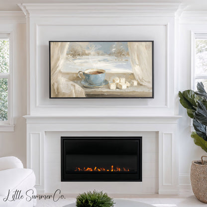 Blue Teacup Snowy Window Frame TV Art displayed on a TV