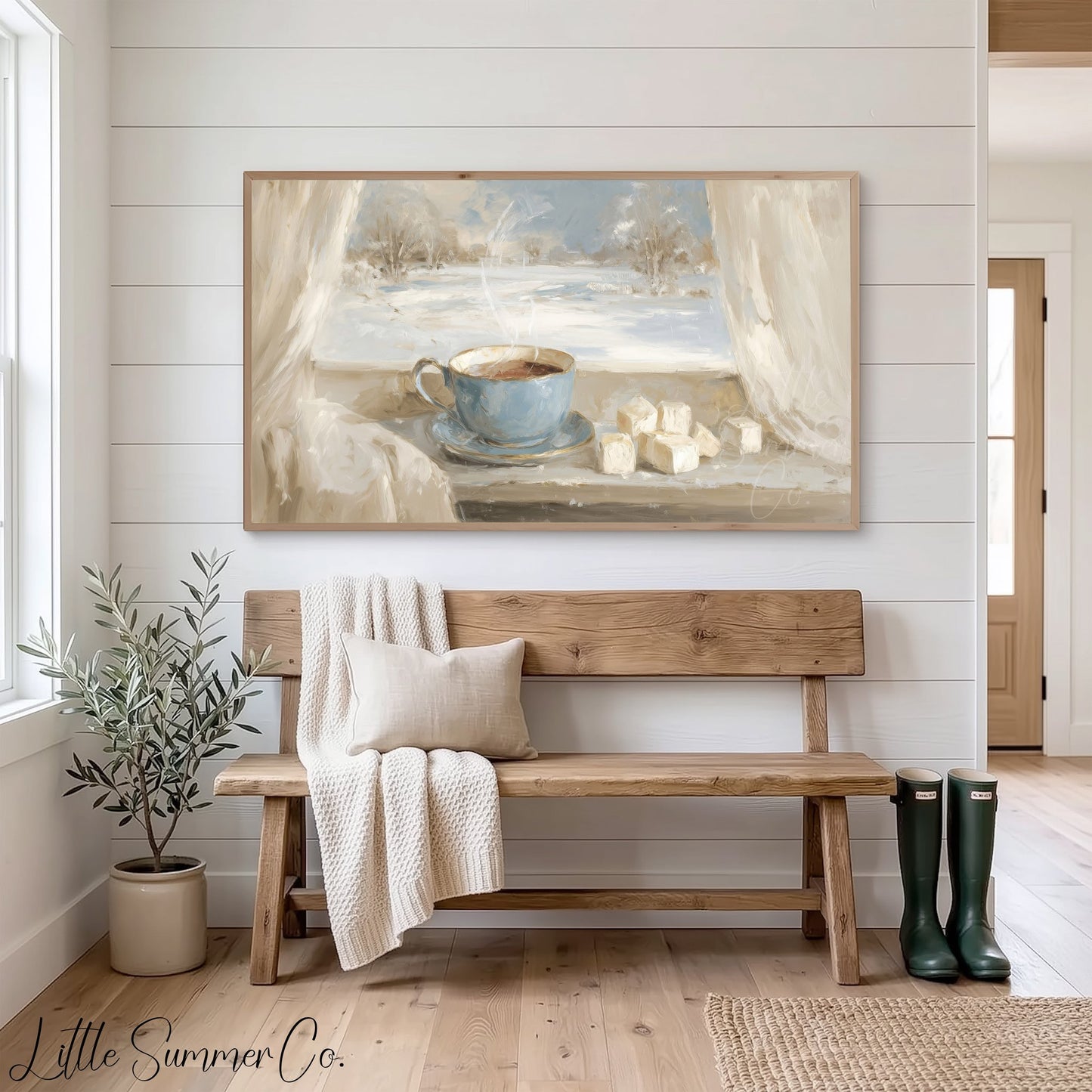 Blue Teacup Snowy Window Frame TV Art displayed on a TV