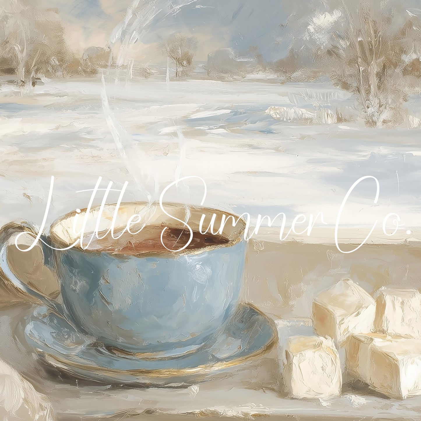 Blue Teacup Snowy Window Frame TV Art displayed on a TV