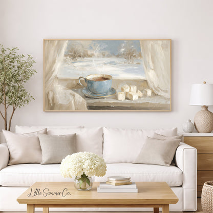 Blue Teacup Snowy Window Frame TV Art displayed on a TV