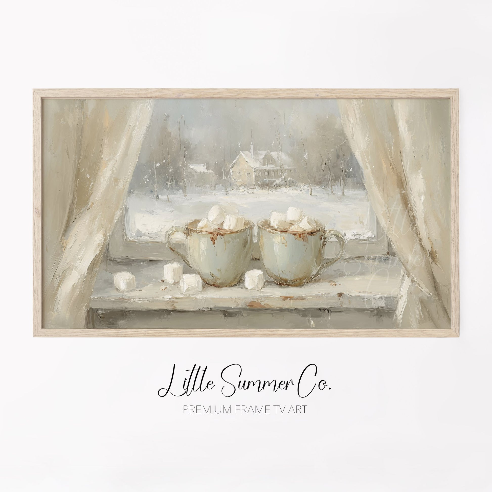 Hot Cocoa Mugs Snowy Window Frame TV Art displayed on a TV