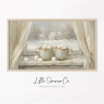 Hot Cocoa Mugs Snowy Window Frame TV Art displayed on a TV