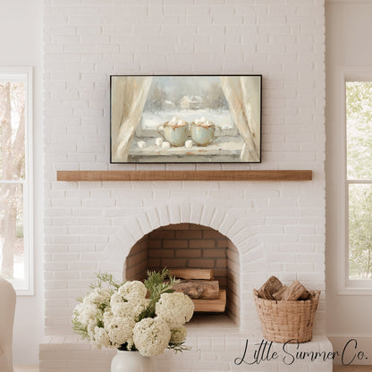 Hot Cocoa Mugs Snowy Window Frame TV Art displayed on a TV
