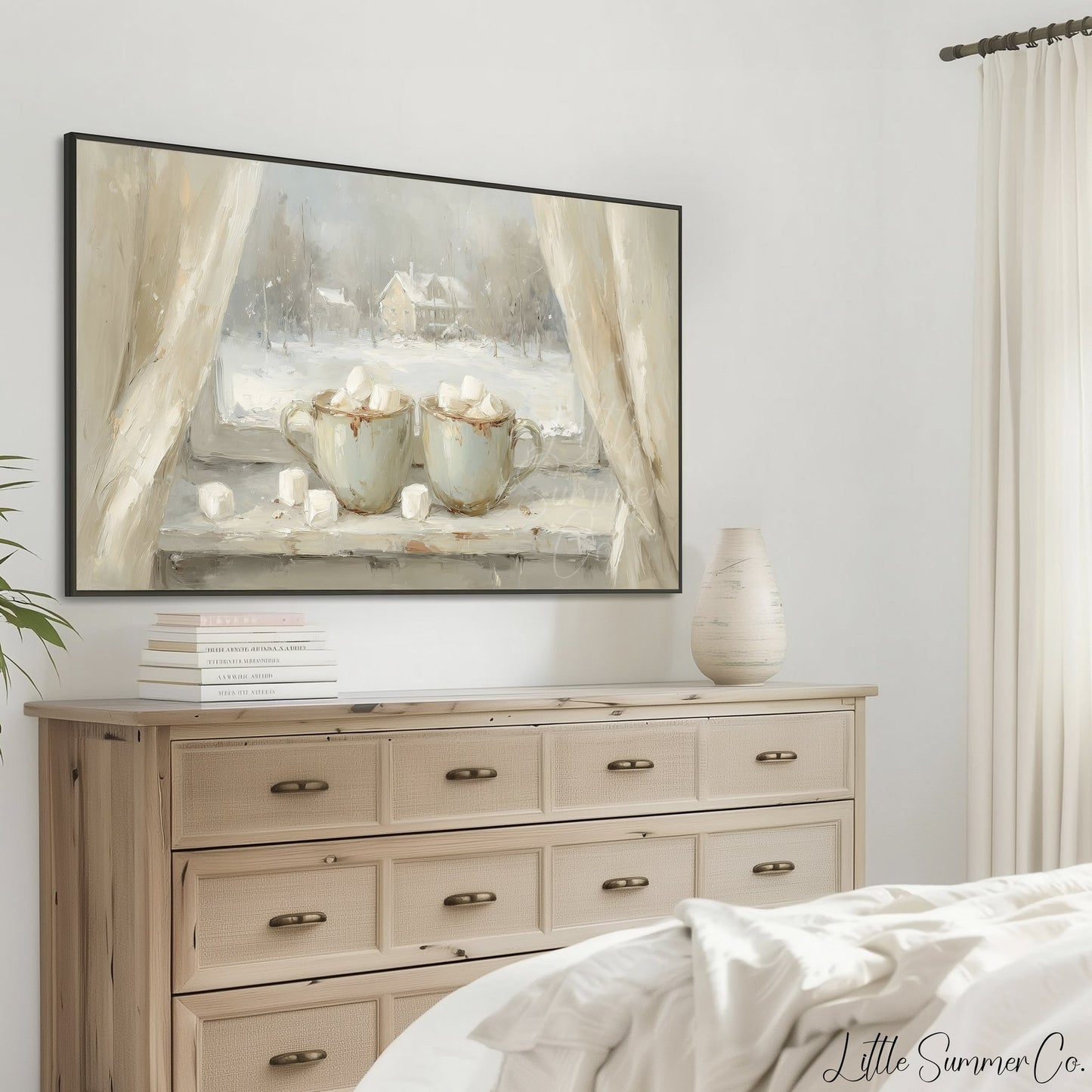 Hot Cocoa Mugs Snowy Window Frame TV Art displayed on a TV