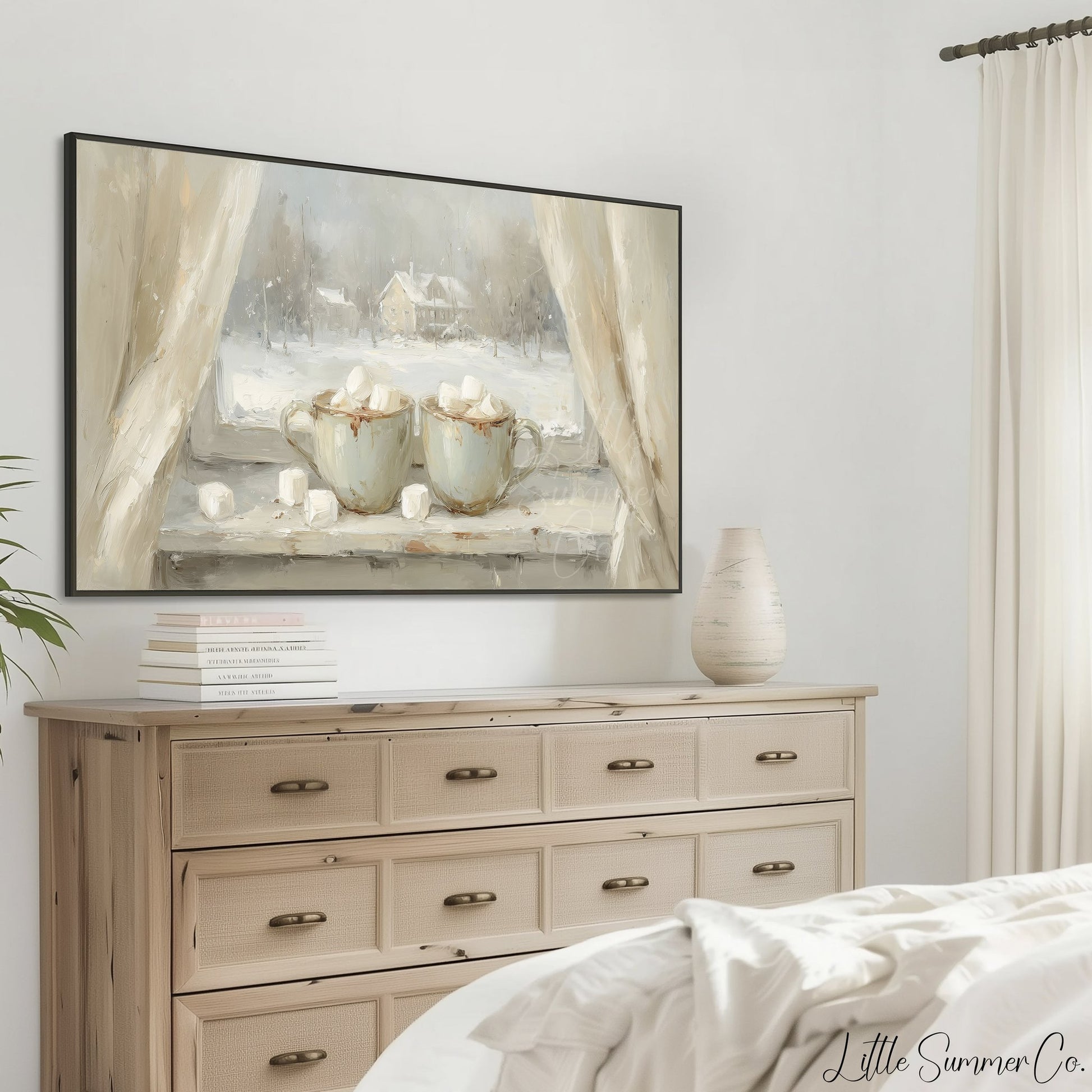 Hot Cocoa Mugs Snowy Window Frame TV Art displayed on a TV