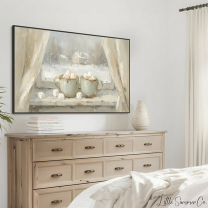Hot Cocoa Mugs Snowy Window Frame TV Art displayed on a TV