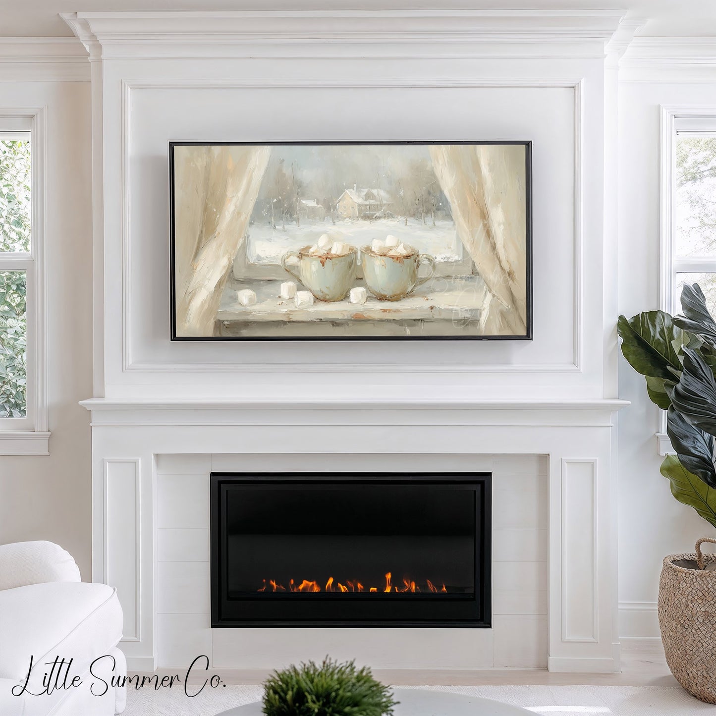 Hot Cocoa Mugs Snowy Window Frame TV Art displayed on a TV