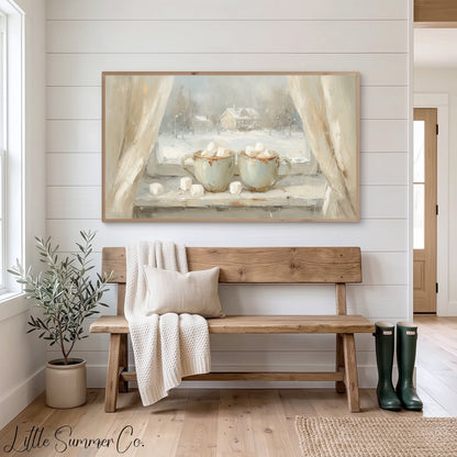 Hot Cocoa Mugs Snowy Window Frame TV Art displayed on a TV