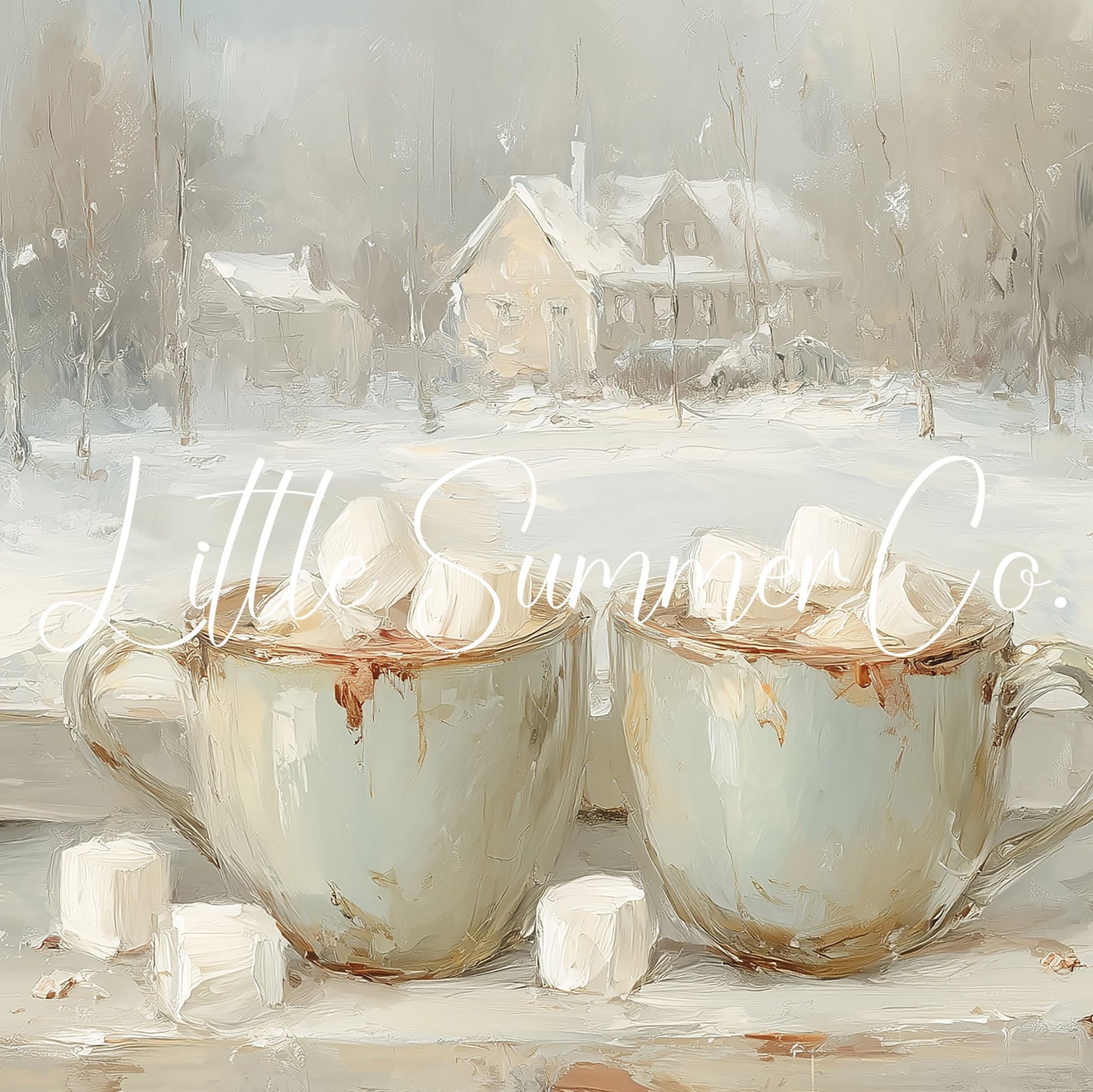 Hot Cocoa Mugs Snowy Window Frame TV Art displayed on a TV