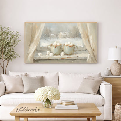 Hot Cocoa Mugs Snowy Window Frame TV Art displayed on a TV
