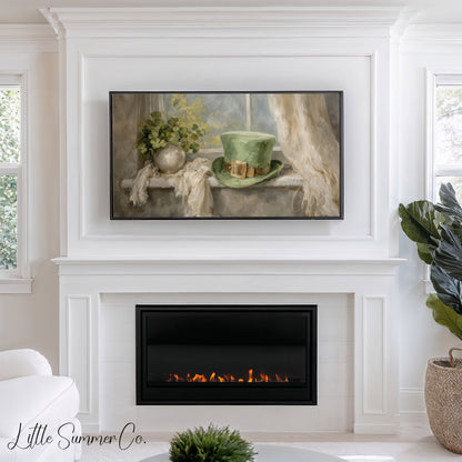 Leprechaun Hat And Clover Frame TV Art displayed on a TV