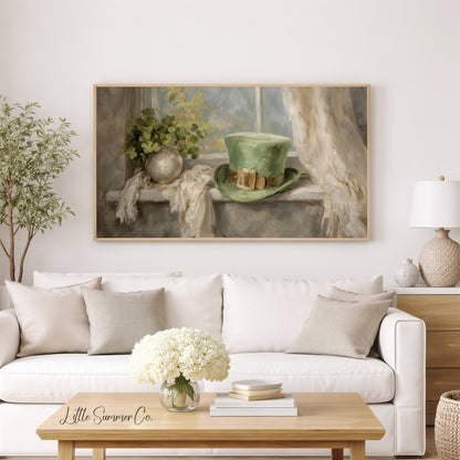 Leprechaun Hat And Clover Frame TV Art displayed on a TV
