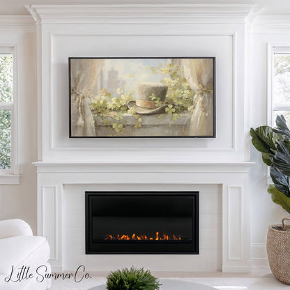 Window Shamrock Top Hat Frame TV Art displayed on a TV