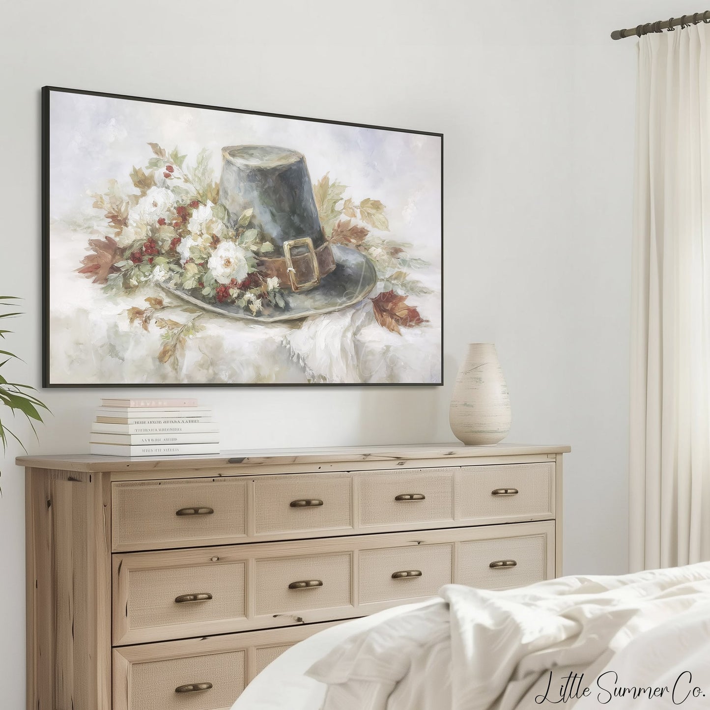 Pilgrim Hat Flowers Frame TV Art displayed on a TV