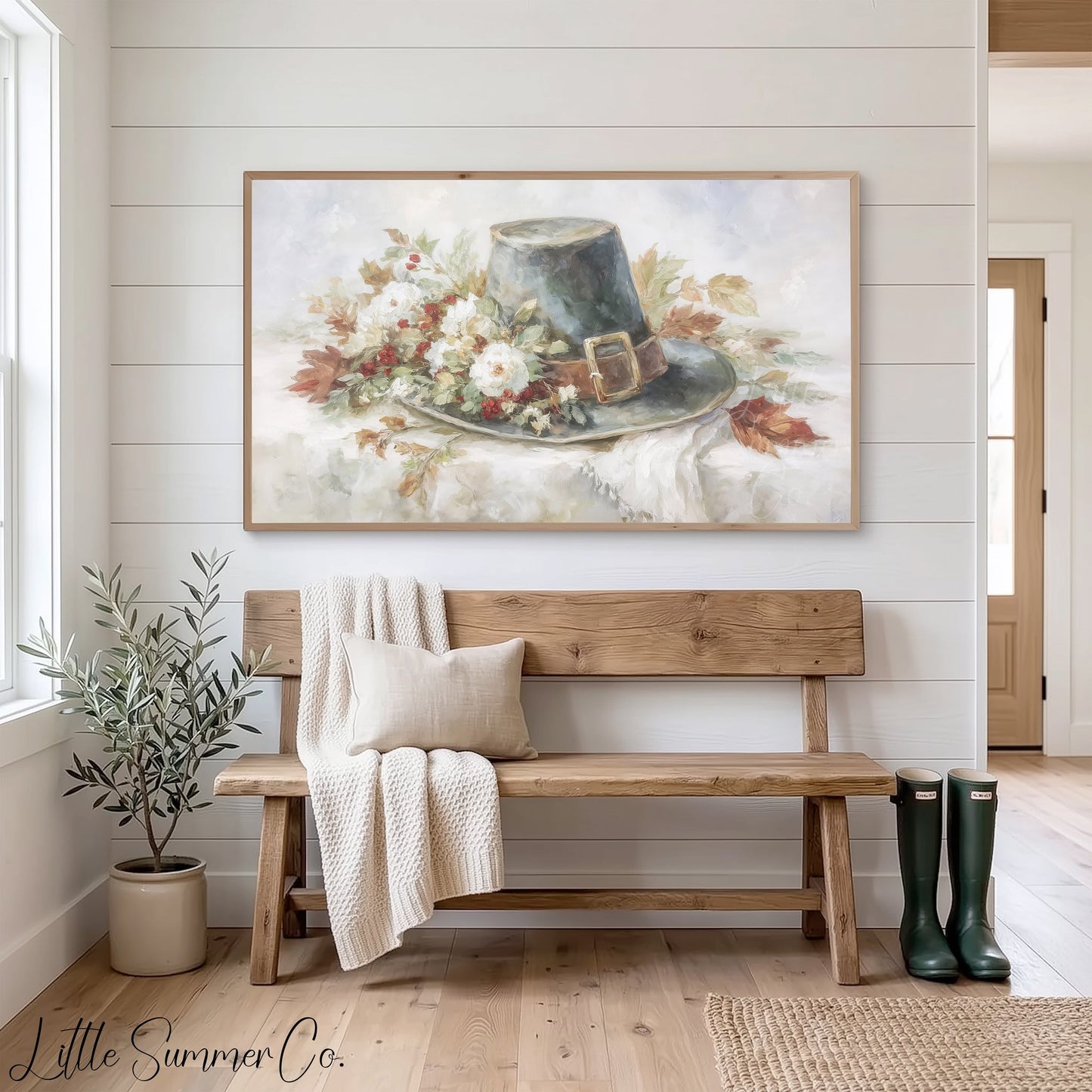 Pilgrim Hat Flowers Frame TV Art displayed on a TV