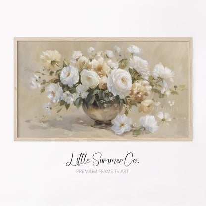 White Flower Bouquet Frame TV Art displayed on a TV