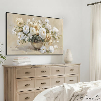White Flower Bouquet Frame TV Art displayed on a TV