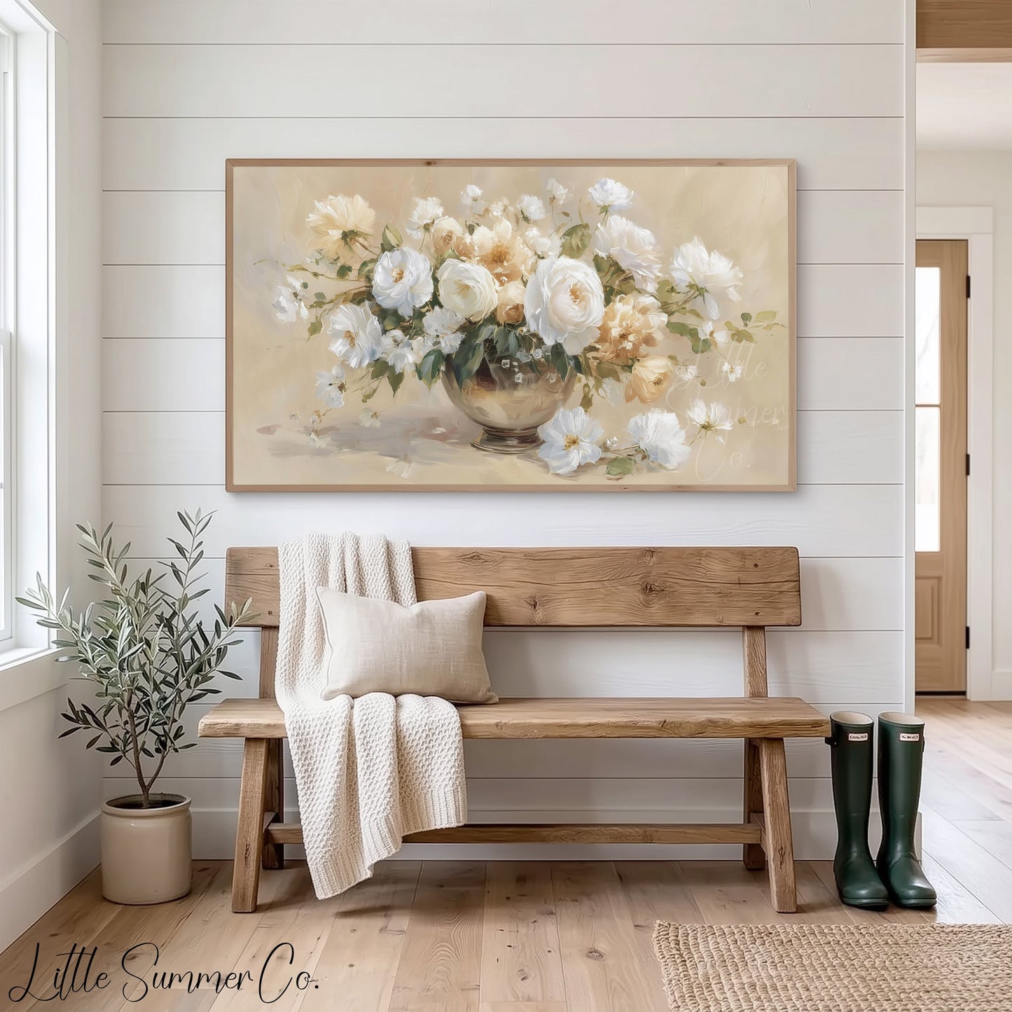 White Flower Bouquet Frame TV Art displayed on a TV
