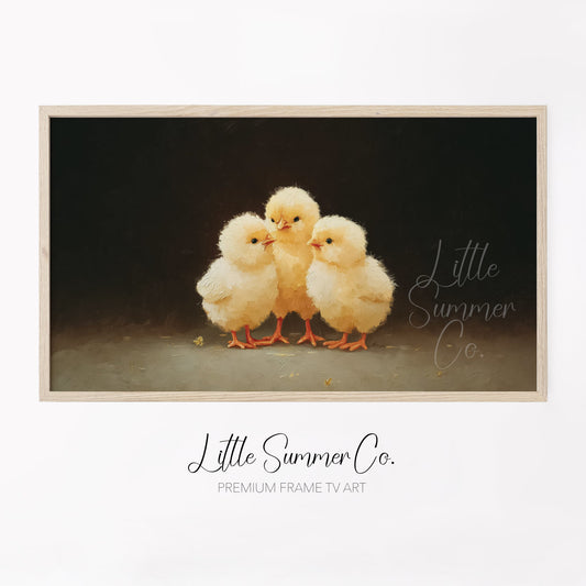 Huddled Baby Chicks Frame TV Art displayed on a TV