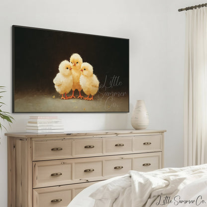 Huddled Baby Chicks Frame TV Art displayed on a TV