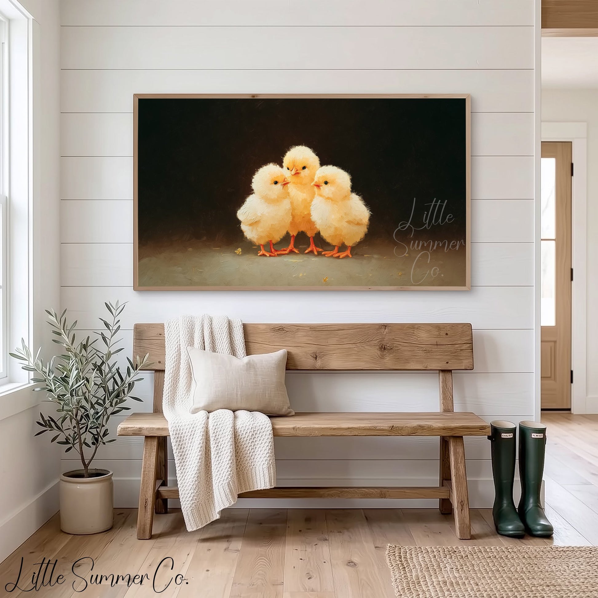 Huddled Baby Chicks Frame TV Art displayed on a TV