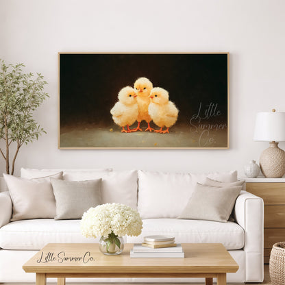 Huddled Baby Chicks Frame TV Art displayed on a TV