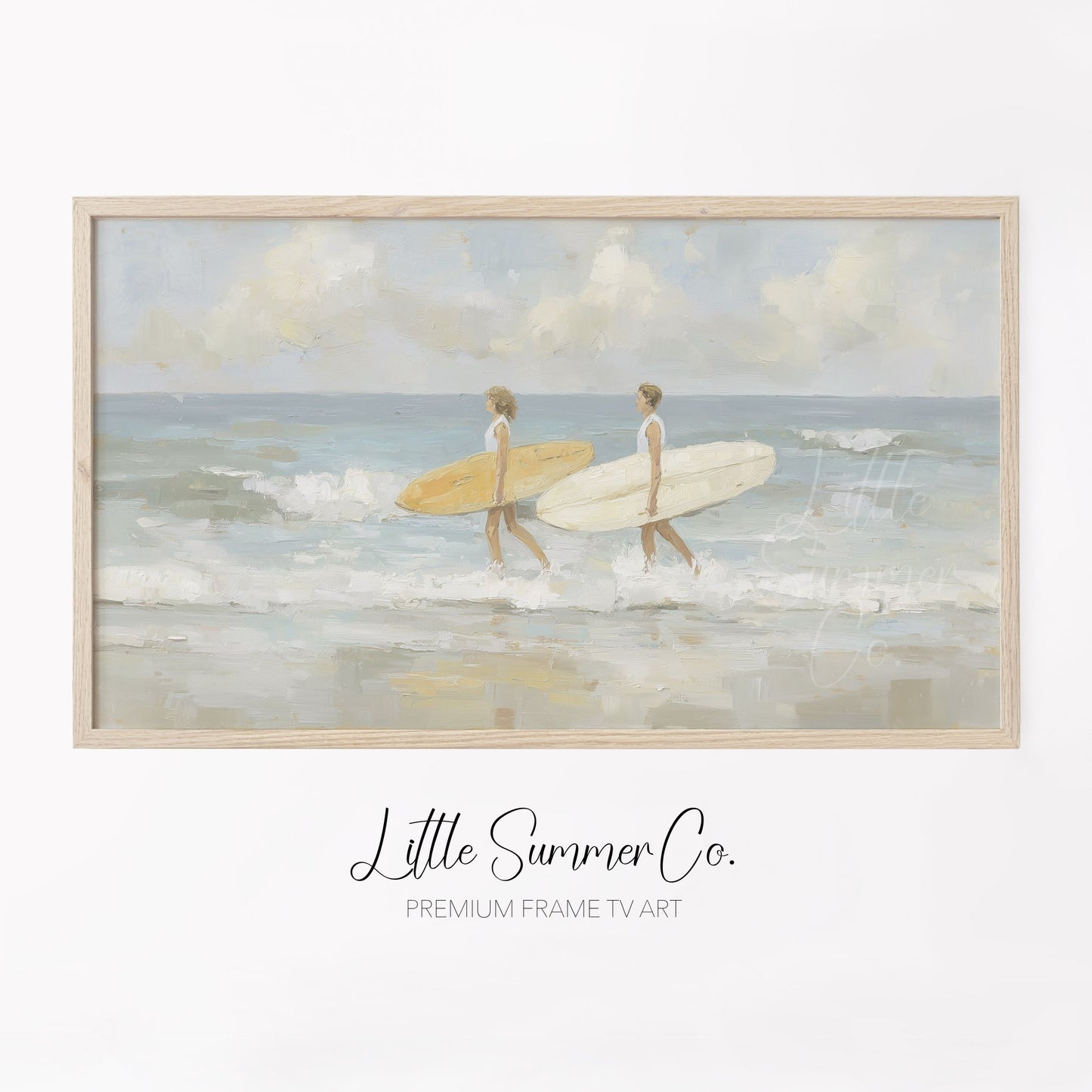 Surfers With Surfboards Frame TV Art displayed on a TV